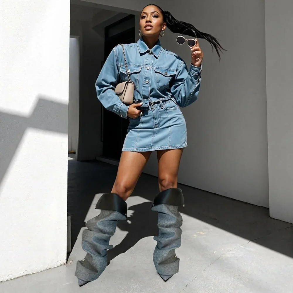 Women's Denim Blue Suede Detachable Snap-off Panel Fold Over Fall Shark Boots